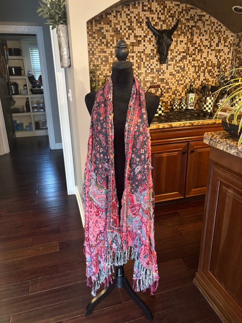 Boho Pink and Charcoal Paisley Fringe Shawl - Unbranded